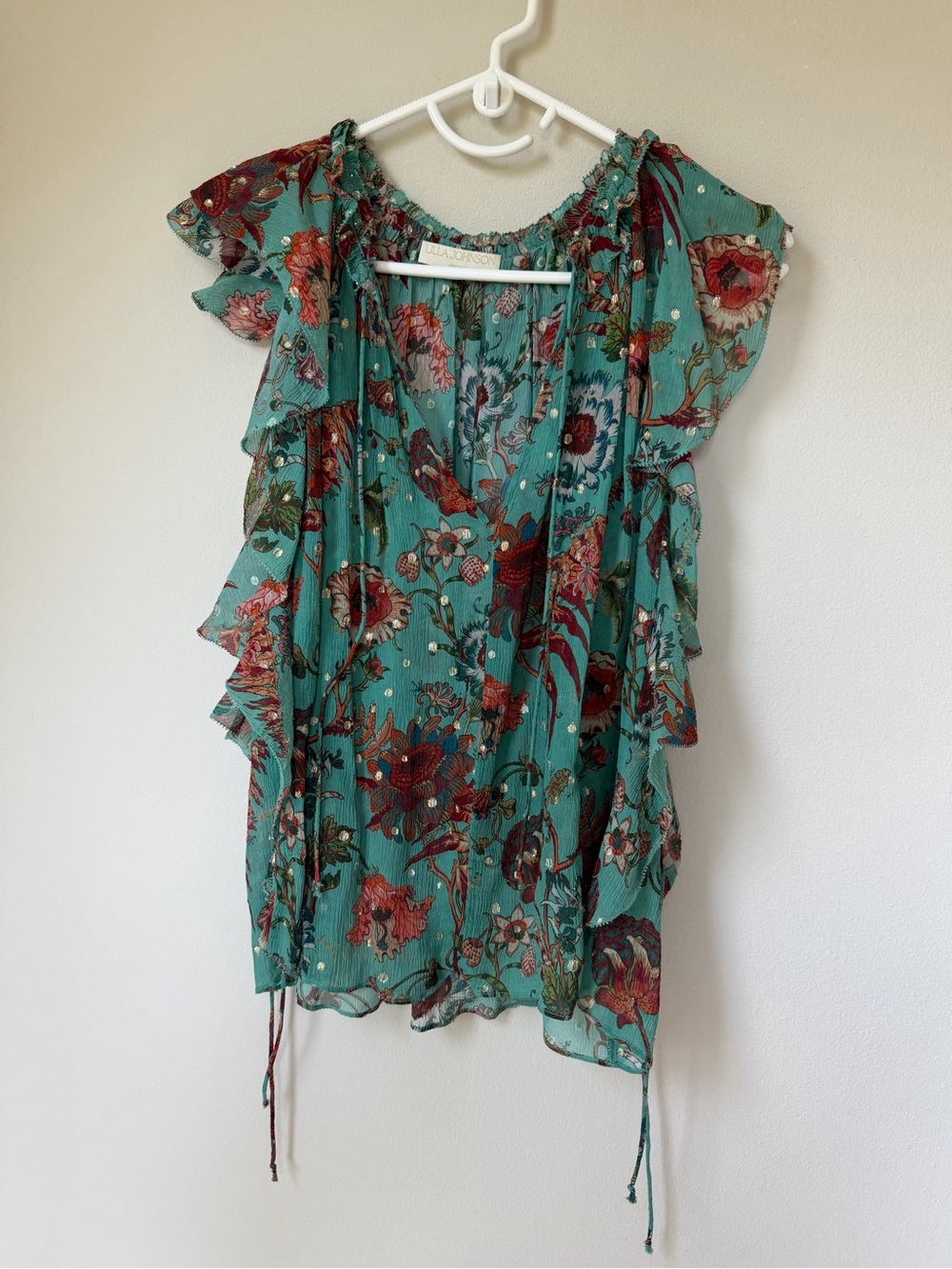 Ulla Johnson Teal Floral Metallic-Dot Blouse